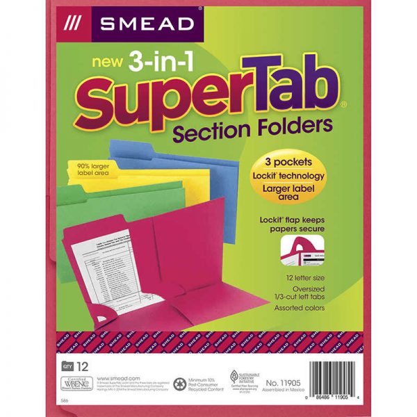 SMEAD MANUFACTURING COMPANY SMEAD 3 N 1 SUPERTAB SECTION ASSTD COLORS FOLDER SMD11905