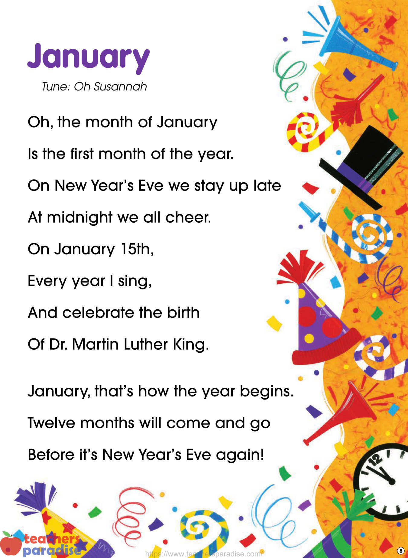 January song to the tune of Oh Susannah Calendar Time Sing Along Flip
