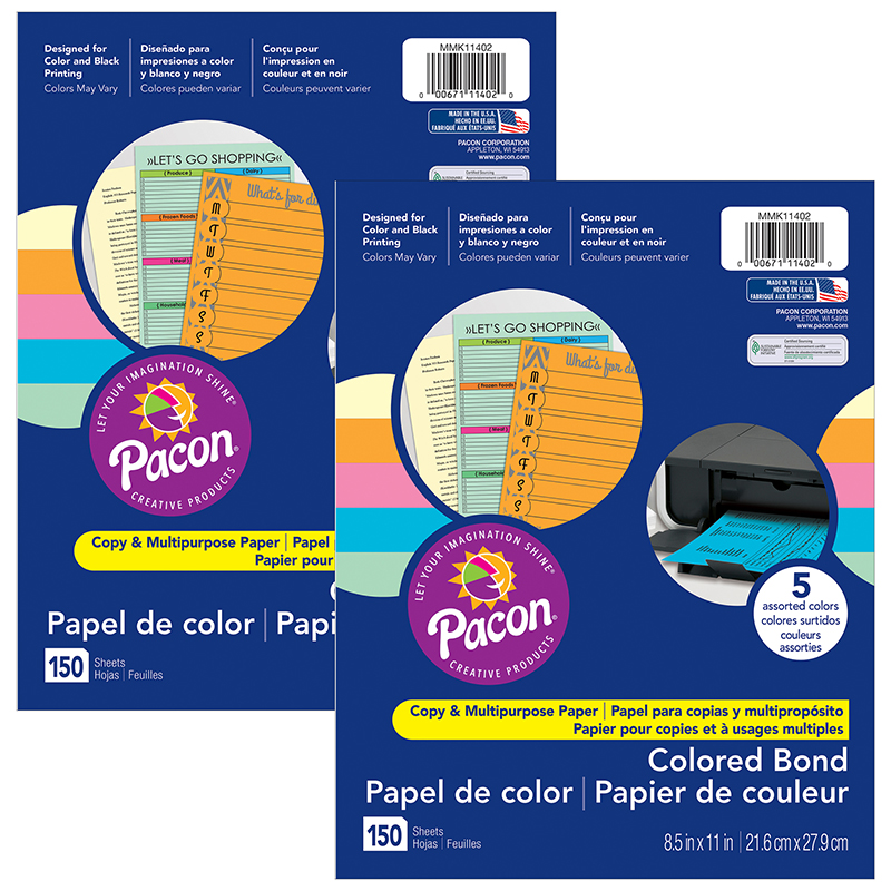 TeachersParadise - Pacon® Multi-Purpose Paper, 5 Assorted Colors, 8-1/2 x  11, 150 Sheets Per Pack, 2 Packs - PACMMK11402-2