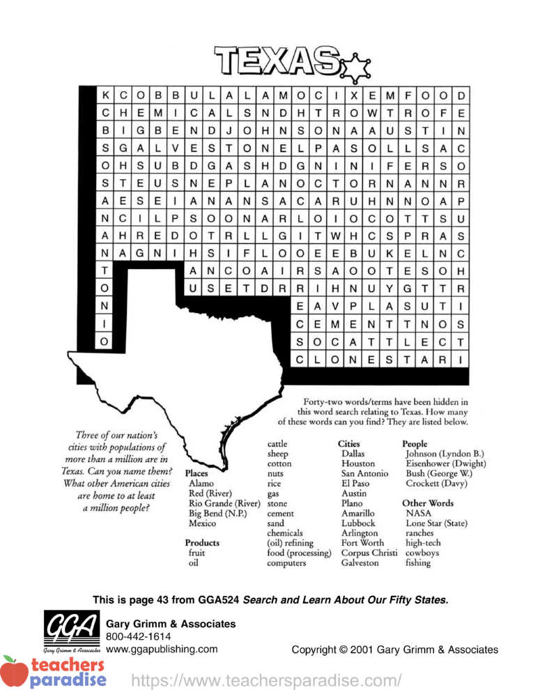 Texas Word Search Search And Learn About Our Fifty States By Gary Grimm Associates GGA524